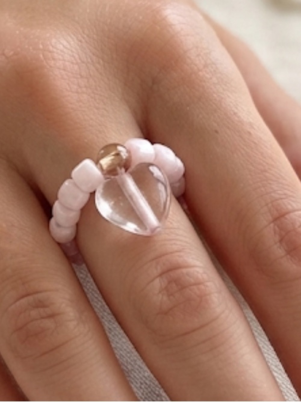 Pink Beaded Heart Stretch Ring